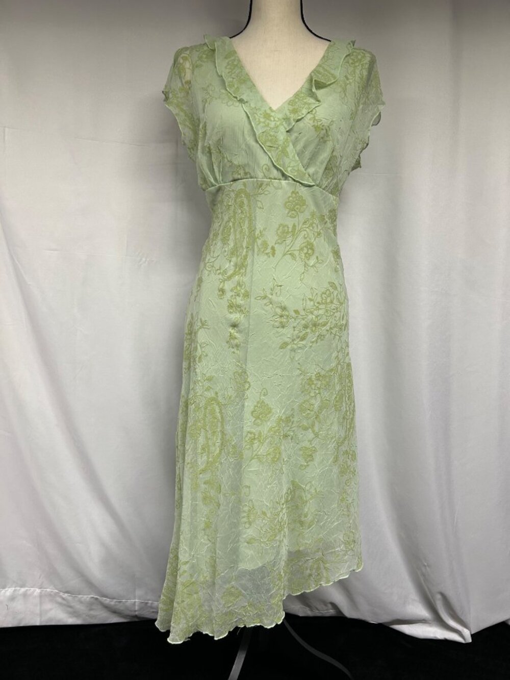 CDC Vintage Sheer Light Green Floral Dress With Ruffle Trim & Asymmetrical Hem S